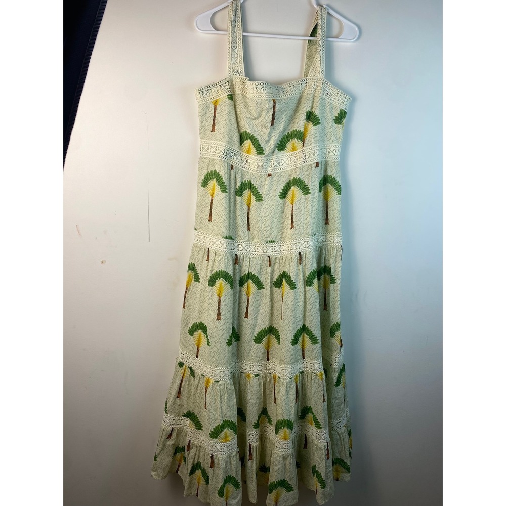 Calypso St Barth Tiered Maxi Dress Size L‎ Palm Tree Print Crochet Trim Cotton